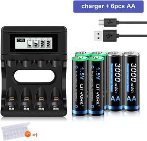 CITYORK 1.5V AA 3000mWh Lithium Rechargeable Batteries 6 Pack with 1.5V Fast Battery Charger