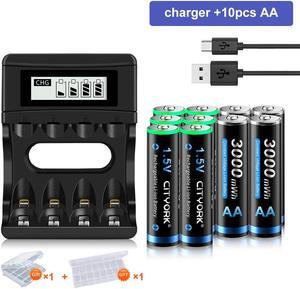 CITYORK 1.5V AA 3000mWh Lithium Rechargeable Batteries 10 Pack with 1.5V Fast Battery Charger