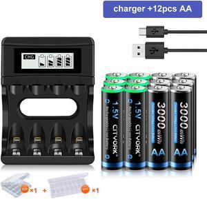 CITYORK 1.5V AA 3000mWh Lithium Rechargeable Batteries 12 Pack with 1.5V Fast Battery Charger