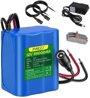 Rechargeable 12V 5600mAh Li-ion Battery, Bare Leads Wire Replacement Battery Pack with Charger Compatible with 12V Devices RC Car, LED Strip, DIY, Electronic Organ, Optical Network Unit, CCTV Camera