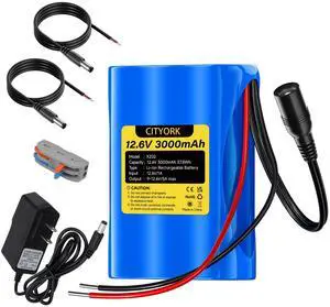 Rechargeable 12.6V 3000mAh Li-ion Battery, Bare Leads Wire Replacement Battery Pack with Charger Compatible with 12V Devices RC Car,LED Strip,DIY,Electronic Organ,Optical Network Unit,CCTV Camera