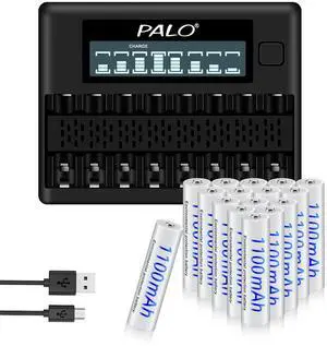 CITYORK AA Rechargeable Batteries 3000mAh 8 Pack and AAA Rechargeable Batteries 1100mAh 8 Pack 1.2V NiMH with 8 Bay LCD Battery Charger for 1.2V AA AAA Batteries