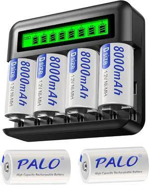 CITYORK Rechargeable D Batteries with LCD Display Universal Battery Charger for AA/AAA/C/D 1.2V NI-MH NI-CD Rechargeable Battery(6 Pack )