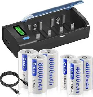 Universal Charger for AA AAA C D 9V NiMH NiCD Rechargeable Battery, Discharge Function and LCD Display Fast Charging (Micro USB or Type C) 3 Pack C Rechargeble Batteries 3 Pack D Cell Batteries