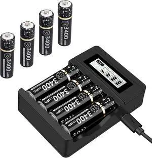 CITYORK AA Rechargeable Lithium Battery with LCD Battery Charger, 8 Pack of 1.5V Li-ion Batteries with 4 Bay Battery Charger for 1.5V AA AAA Li-ion Rechargeable Batteries,3400mWh High Capacity