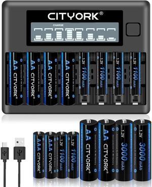 CITYORK 8 Pack AA 3000mAh with 8 Pack AAA1100mAh 1.2V Ni-MH Rechargeable Batteries with Battery Case with 8 Bay AA AAA LCD Smart 1.2v NiMH/NiCd Charger