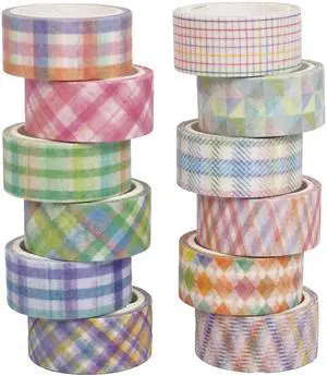 Basic Grid Washi Tape Set 12 Rolls Plaid Decorative Masking Tapes for Arts, DIY Crafts, Journals, Planners, Scrapbook, Wrapping (Colored) Basic Grid Washi Tape Set 12 Rolls Plaid Decorative Masking Tapes for Arts, DIY Crafts, Journals, Planners, Scrapbook, Wrapping (Colored)