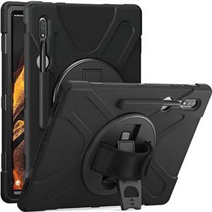 KIQ Galaxy Tab S8 Ultra Case 2022, Shockproof Heavy Duty Impact Drop Protection/Shoulder Rotating Hand Strap Kickstand Cover for Samsung Galaxy Tab S8 Ultra 14.6 inch Tablet X900 (Shield Black)