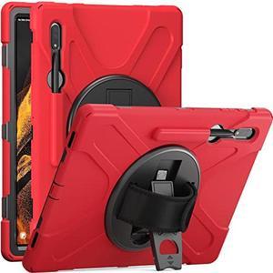 KIQ Galaxy Tab S8 Ultra Case 2022, Shockproof Heavy Duty Impact Drop Protection/Shoulder Rotating Hand Strap Kickstand Cover for Samsung Galaxy Tab S8 Ultra 14.6 inch Tablet X900 (Shield Red)