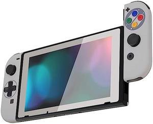 eXtremeRate SFC SNES Classic EU Style Dpad Version Joycon Handheld Controller Housing Buttons Replacment Shell Case with Colorful Border Tempered Glass Screen Protector for Nintendo Switch JoyCon
