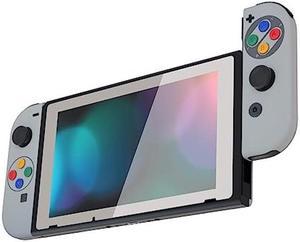 eXtremeRate SFC SNES Classic EU Style Joycon Handheld Controller Housing Buttons Custom Replacment Shell Case with Colorful Border Tempered Glass Screen Protector for Nintendo Switch JoyCon