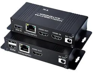 HDMI KVM USB Extender Over Cat5e/6/7-164FT HDMI to RJ45 1080P@60hz HDMI Over Ethernet KVM Extender Transmitter Receiver Support Keyboard Mouse USB Control No Latency Single Power Supply POC Function