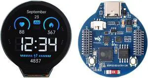 waveshare ESP32-S3 MCU Board with 1.28inch IPS Round LCD Display, Supports 2.4GHz Wi-Fi (802.11 b/g/n) and Bluetooth 5, 32-bit LX7 Dual-core Processor, 16MB Flash & 2MB PSRAM, Type-C Connector