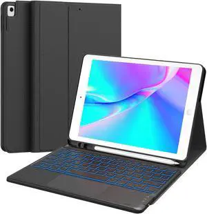 CHESONA for iPad 9th Generation Case with Keyboard, 7 Color Backlit, Multi-Touch Trackpad, Built-in Pencil Holder, 2 Bluetooth Channels, Flip Stand Keyboard Case for iPad 9th/8th/7th Gen 10.2" Black