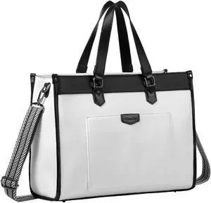 Chase Chic Laptop Bag for Women, Fashion Canvas Tote Bag for Work Ladies 15.6 Inch Computer Shoulder Handbag for College,Office,TravelWhite & Black