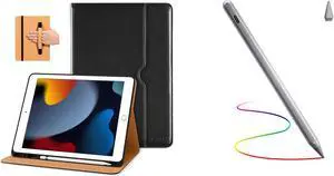DTTO iPad 9th/8th/7th Generation 10.2 Inch Leather Case 2021/2020/2019 Bundle with Stylus Pen for iPad 9/8/7/6th Gen, Black and Grey