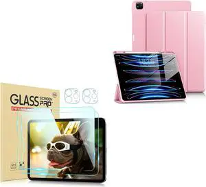 DTTO for iPad Pro 12.9 Inch 6th / 5th / 4th / 3rd Generation Case with Pencil Holder, Smart Slim Trifold Stand Cover with 2 Pack HD Tempered Glass Screen Protector, Pink