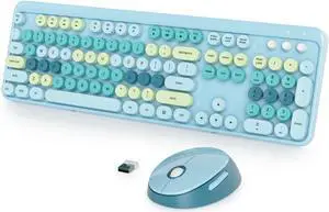 Fogruaden Blue Keyboard and Mouse Wireless, Retro Typewriter Keyboard, 2.4GHz 104 Keys Full Size Cute Keyboard with Number Pad, Blue Colorful Keyboard with Retro Round Keycaps for Windows PC Laptop