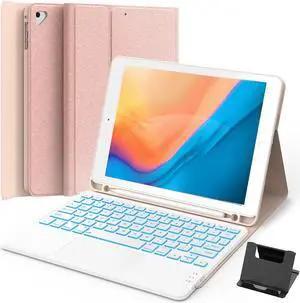 GreenLaw Keyboard case for iPad 9.7 inch, iPad 6th Gen (2018), iPad 5th Gen (2017), iPad Air 2 (2014), 7 Color Backlit, Support 2 BT Devices, Touchpad Keyboard iPad Pro 9.7, Pink