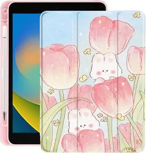 Cute Flower Bunny for iPad 9.7 Inch 5th/6th Generation Case with Pencil Holder, Foldable Pink Leather Cover Case, Support Auto Sleep Wake