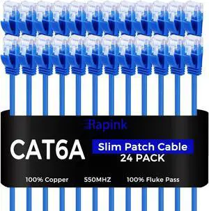 Rapink Patch Cables Cat6a 7ft (24 Pack) Slim, Cat6a Ethernet Patch Cable 10G Support, Snagless Cat 6 Patch Cable for Patch Panel to Switch, Flexiable Cat 6a Ethernet Cable with Gold Plated