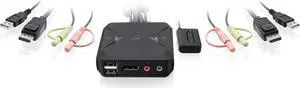 IOGEAR 2-Port USB DisplayPort Cable KVM Switch - 4K 30Hz - Remote Switch Button - Plug n Play - USB Expandable With USB Hub - 7.1 HD Audio - Mac Win - GCS52DP