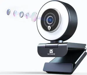 VITADE Streaming Webcam with Adjustable Ring Light, Full HD 1080P Webcam with Dual Microphones and Advanced Auto-Focus,Pro Web Camera for Online Learning, Zoom Meeting Skype Teams, Gaming Laptop