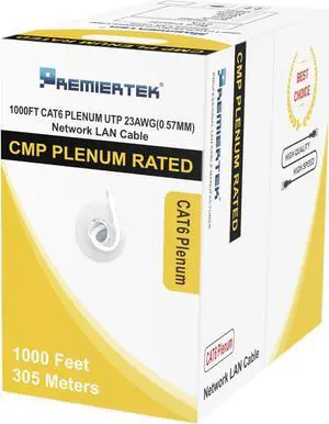 Premiertek 1000Ft Cat6 CMP Plenum 23AWG CCA UTP 4-Pairs Premium Network LAN Cable 550MHz White