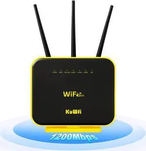 KuWFi 4G LTE Router Cat12 1200Mbps Dual Band Gigabit WiFi Cellular Cloud SIM Router External Antenna with US 2GB Data Long Range Wireless LTE CPE No Contract Plug and Play (Update Version)