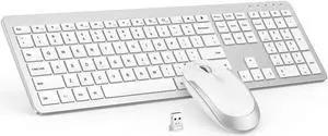 Wireless Keyboard and Mouse Combo - Full Size Slim Thin Wireless Keyboard Mouse with Numeric Keypad 2.4G Stable Connection Adjustable DPI (White & Silver)