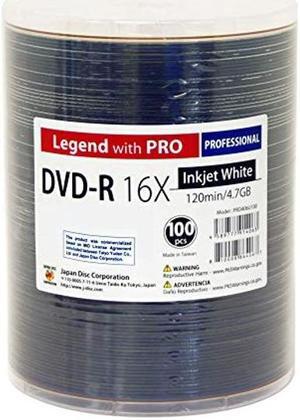 100 Pack Professional DVD-R Legend with Pro Taiyo Yuden TY Technology 16X 4.7GB 120Min (MID TYG03) White Inkjet Hub Printable Blank Recordable Disc