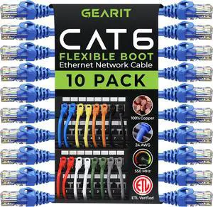 GearIT 10-Pack Cat6 Patch Cable 10 Feet Cat 6 Ethernet Cable Snagless Flexible Soft Tab - Preimum Series - Blue