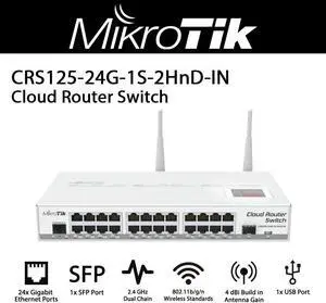 MikroTik CRS125-24G-1S-2HnD-IN, 4dBi, 30dBm, 600MHz, 128MB, 2. 4GHz, 24xGigabit, SFP, LCD, microUSB, L5