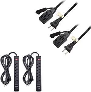 Cable Matters 2-Pack 16 AWG 2 Prong Extension Cord (3 Outlet Extension Cord) with Tamper Guard Black in 10 Feet & 2-Pack 6 Outlet Surge Protector Power Strip