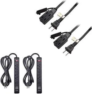 Cable Matters 2-Pack 16 AWG 2 Prong Extension Cord (3 Outlet Extension Cord) with Tamper Guard Black in 6 Feet & 2-Pack 6 Outlet Surge Protector Power Strip