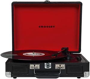 Crosley CR8005F-BK Cruiser Plus Vintage 3-Speed Bluetooth in/Out Suitcase Vinyl Record Player Turntable, Black/Red