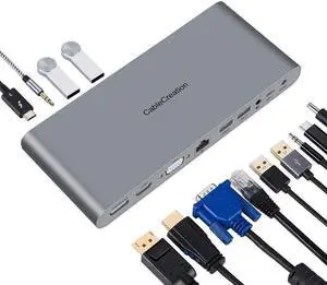 CableCreation Thunderbolt 3 Dock w/1.6ft Cable, 13-in-1 USB C Hub with DisplayPort, VGA, HDMI, Ethernet, 2 Audio, 4 USB A, USB C PD Compatible for Macbook Pro/Air2019 2018, MacOS Windows USB-C Laptops