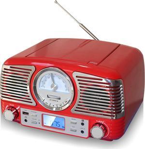 TechPlay QT62BT RED, Retro Design Compact Stereo CD, with AM/FM Rotary knob, Wireless Bluetooth Reception and USB Port. with AUX in and Headphone Jack