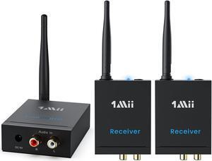1Mii 3-in-1 2.4GHz Wireless Audio Transmitter and Receiver for TV, 20ms Ultra Low Delay RCA Out/in, 320 ft Range Wireless Adapter for Subwoofer to TV/PC/CD Player, 2 Receivers for Two Speakers