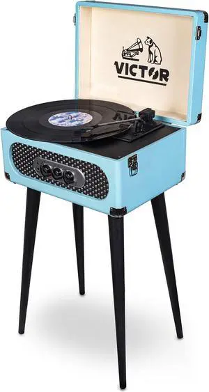Victor VWRP-3200 Andover 5-in-1 Turntable with 3-Speed Record Player, FM Radio, Bluetooth, Built-in Speakers, and Chair-Height Legs  Perfect for Vinyl Lovers and Retro-Inspired Home Decor