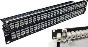 Electriduct 48-Port CAT6A Unshielded 2U Patch Panel 19-Inch Loaded w/Tool-Less Keystone Jacks Rackmount or Wallmount