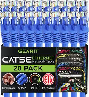 GearIT 20-Pack, Cat5e Ethernet Patch Cable 3 Feet - Snagless RJ45 Computer LAN Network Cord, Blue GearIT 20-Pack, Cat5e Ethernet Patch Cable 3 Feet - Snagless RJ45 Computer LAN Network Cord, Blue