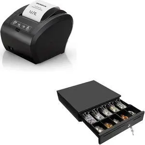 MUNBYN POS Printer, Receipt Printer USB Ethernet 80MM Thermal Printer P047 and Black Cash Register Drawer, 16" Wide Cash Drawer with Removable Coin Tray
