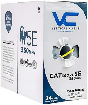 Vertical Cable Cat5e, 350 MHz, Shielded, 24AWG, Solid Bare Copper, 1000ft, Bulk Ethernet Cable, Yellow