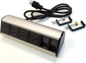 Power & Data Desk Edge Mount Tabletop Center - 3 Power and 2 Ethernet CAT6 RJ45 Data ports