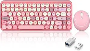 Perixx PERIDUO-713 ES Set de ratón y Mini Teclado inalámbrico 2.4 GHz - Teclas Retro Redondas - Rosado Pastel - Español QWERTY