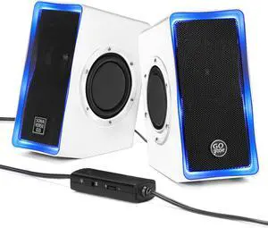 GOgroove Gaming Computer Speakers with Blue LED Light - SonaVERSE O2i Speakers for Desktop, Laptop, PC - USB Speaker 2.0 with AUX Input, in-Line Volume Control, Bass Stereo Sound, 14W (White)