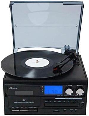 VICTOR Cosmopolitan 8-in-1 Turntable Music Center with 3-Speed Record Player, CD/MP3/Cassette Player, AM/FM Radio, Dual Bluetooth in & Out, USB Playback & Record, & Built-in Stereo Speakers, Black