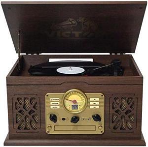 VICTOR State 7-in-1 Turntable Music Center with 3-Speed Record Player, CD/MP3/Cassette Player, FM Radio, Dual Bluetooth in & Out, and Built-in Stereo Speakers, Espresso