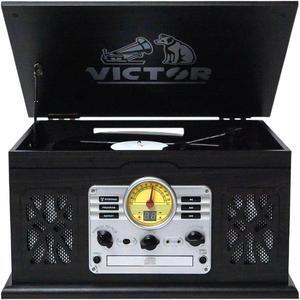 VICTOR State 7-in-1 Turntable Music Center with 3-Speed Record Player, CD/MP3/Cassette Player, FM Radio, Dual Bluetooth in & Out, and Built-in Stereo Speakers, Graphite